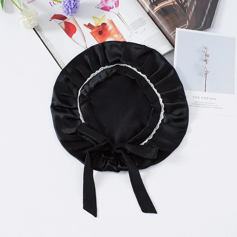 100% Maulbeerseide Spitzen-Schlafhaube mit Bändern