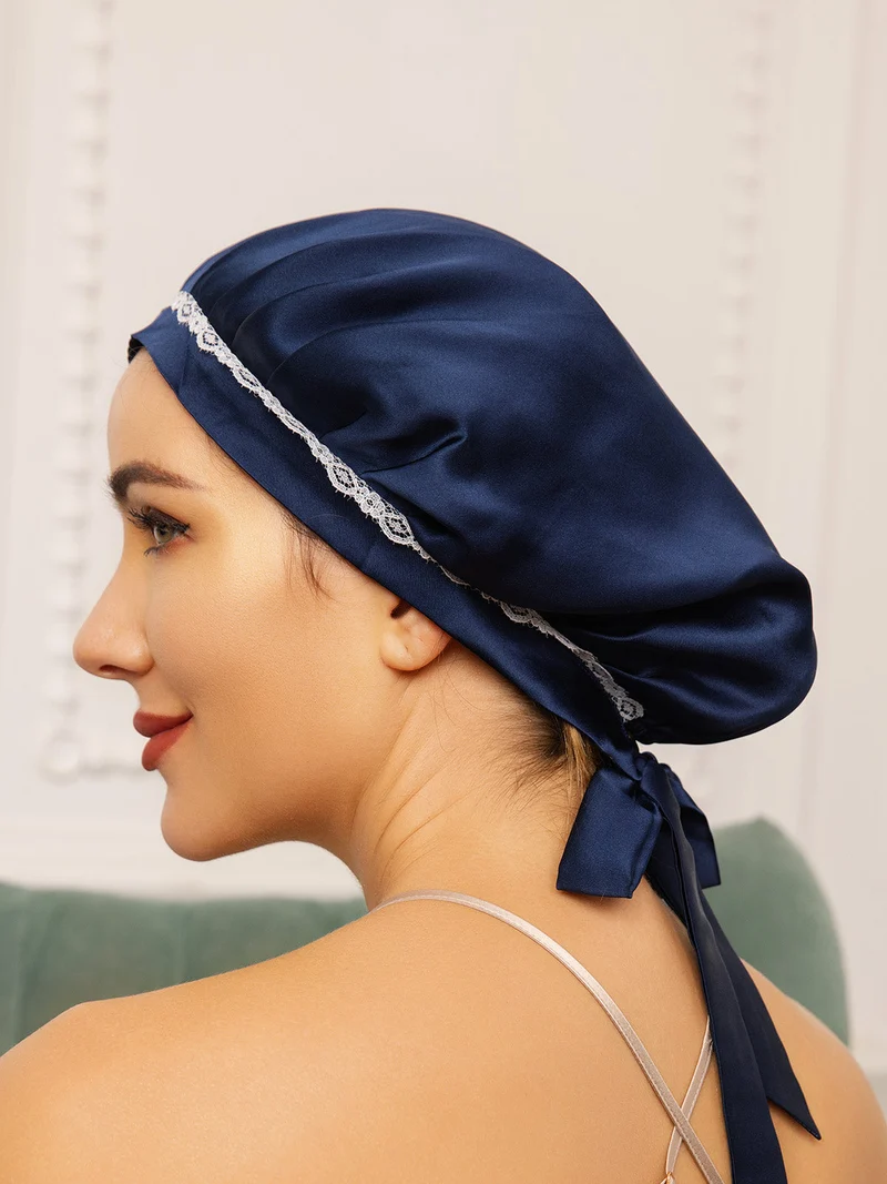 100% Maulbeerseide Spitzen-Schlafhaube mit Bändern