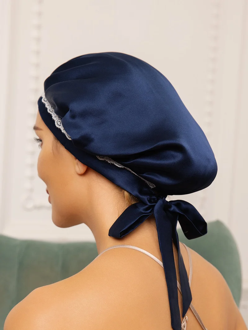 100% Maulbeerseide Spitzen-Schlafhaube mit Bändern