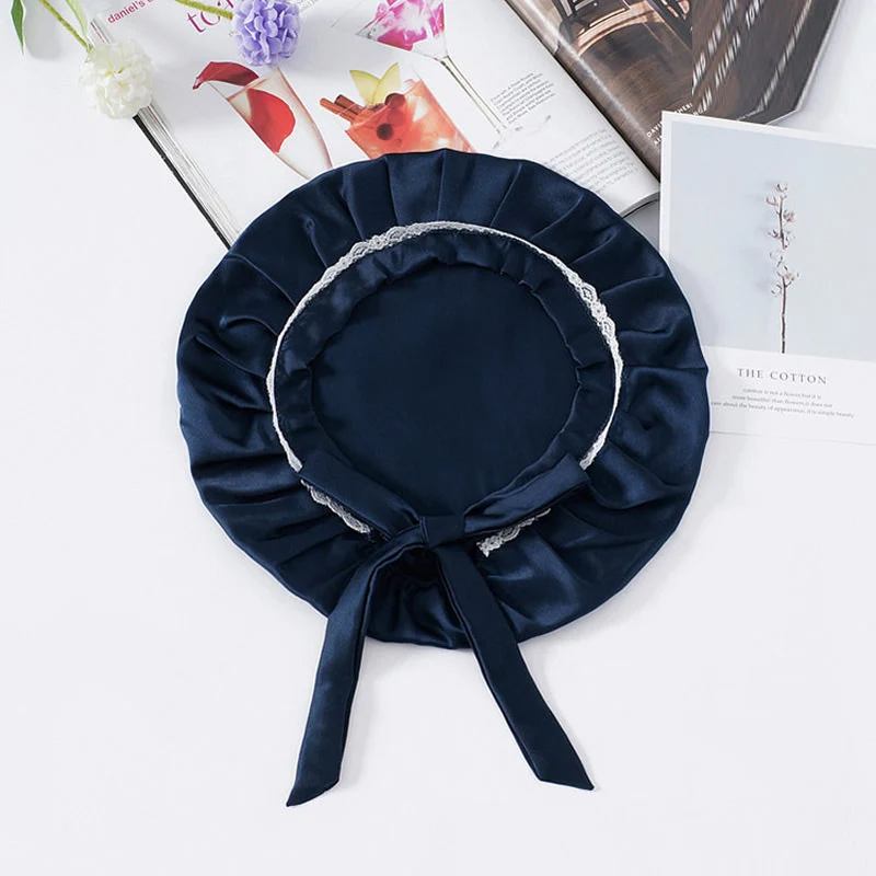 100% Maulbeerseide Spitzen-Schlafhaube mit Bändern
