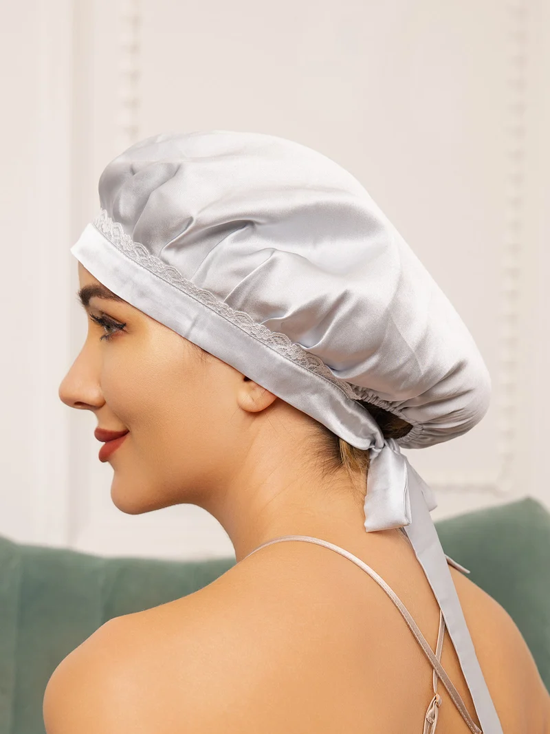 100% Maulbeerseide Spitzen-Schlafhaube mit Bändern