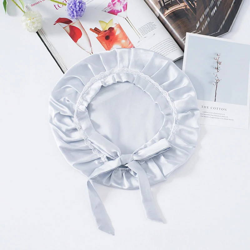 100% Maulbeerseide Spitzen-Schlafhaube mit Bändern