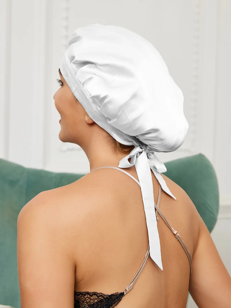 100% Maulbeerseide Spitzen-Schlafhaube mit Bändern