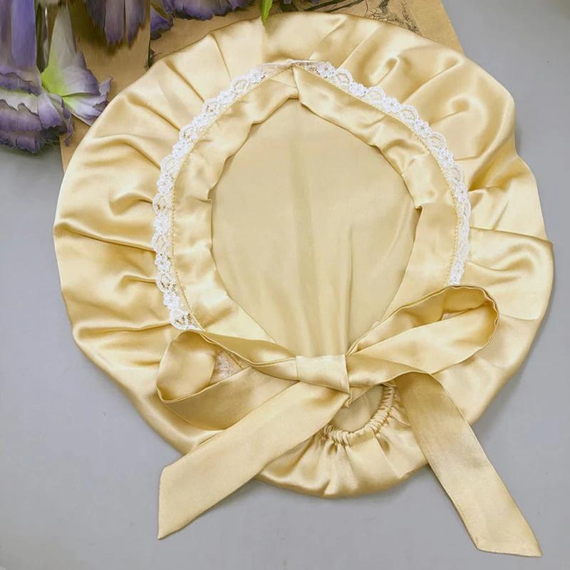 100% Maulbeerseide Spitzen-Schlafhaube mit Bändern