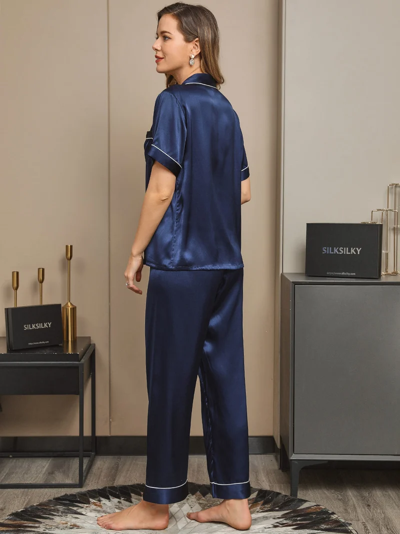 Reine Seide Damen-Kurzarm-Pyjama-Set mit Knopfleiste