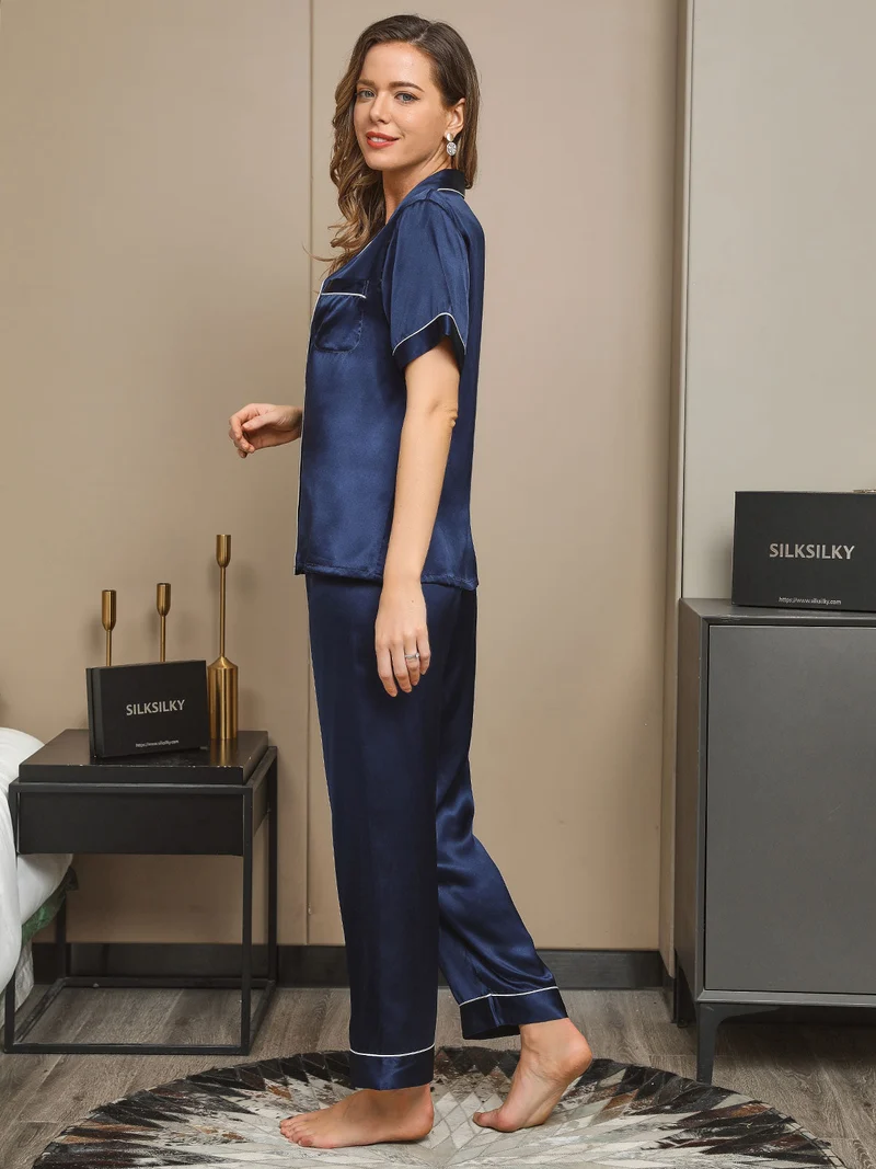 Reine Seide Damen-Kurzarm-Pyjama-Set mit Knopfleiste
