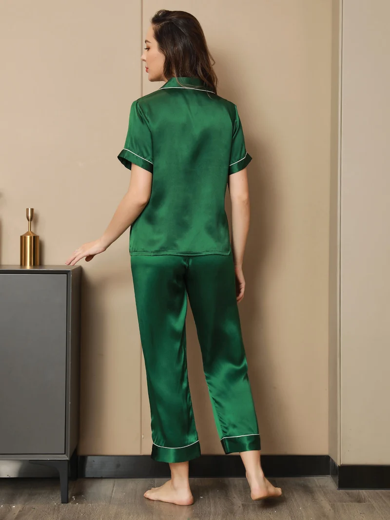 Reine Seide Damen-Kurzarm-Pyjama-Set mit Knopfleiste