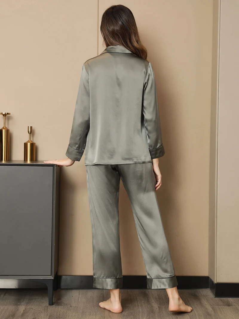 Reine Seide Damen-Langarm-Pyjama-Set mit Reverskragen