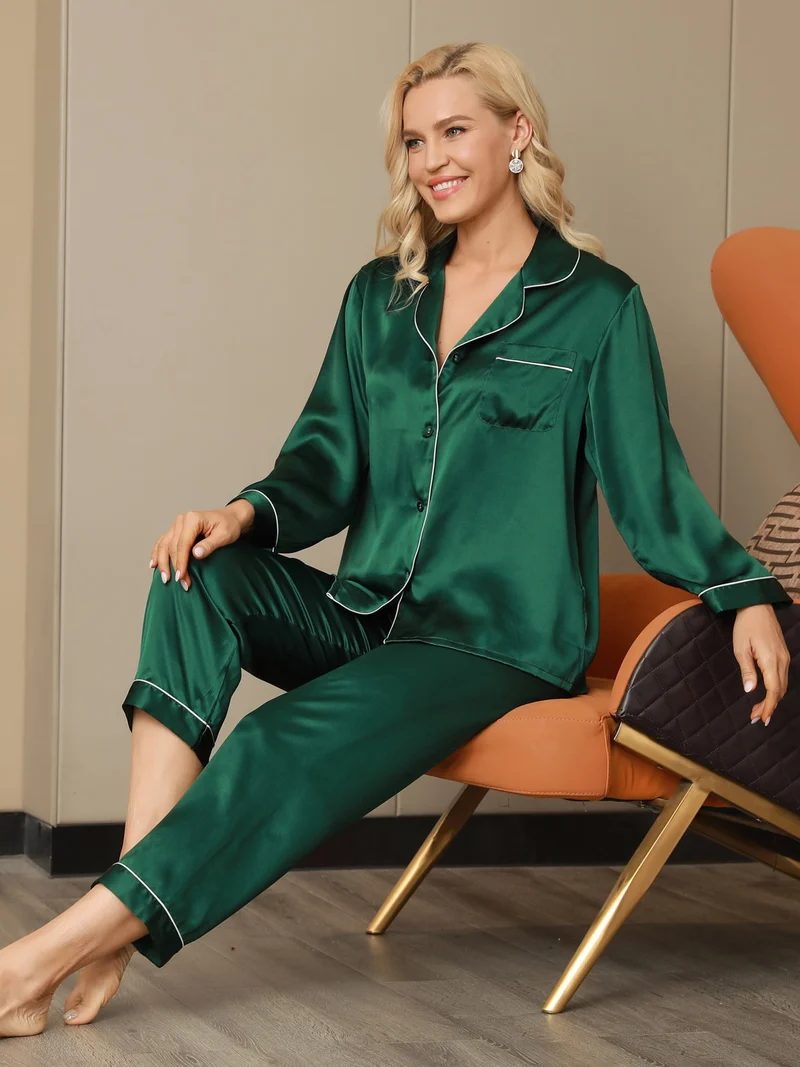 100% Maulbeerseide Damen-Langarm-Pyjama-Set mit Reverskragen