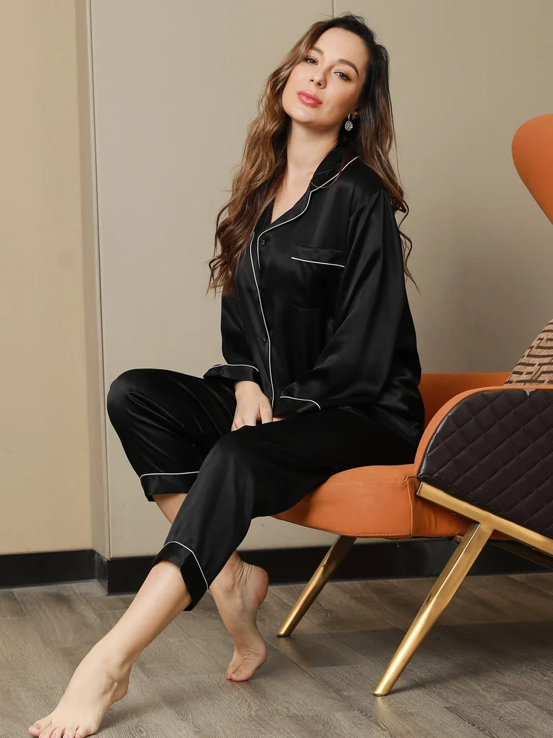100% Maulbeerseide Damen-Langarm-Pyjama-Set mit Reverskragen
