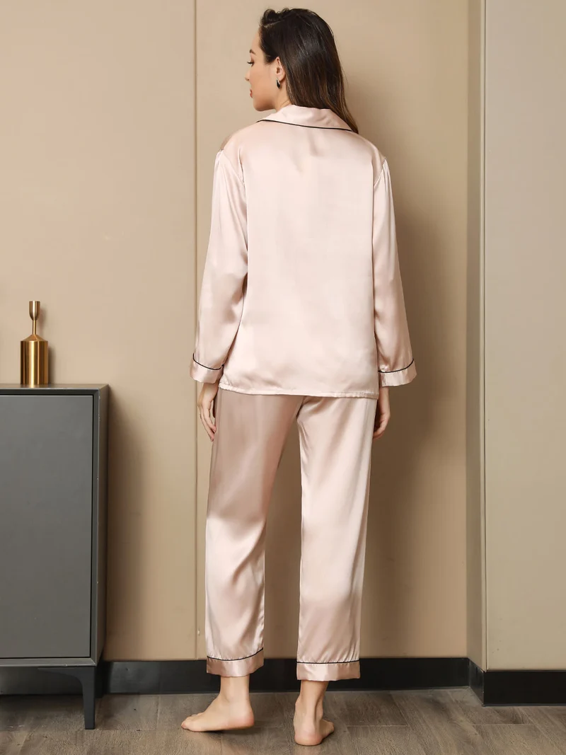 100% Maulbeerseide Damen-Langarm-Pyjama-Set mit Reverskragen