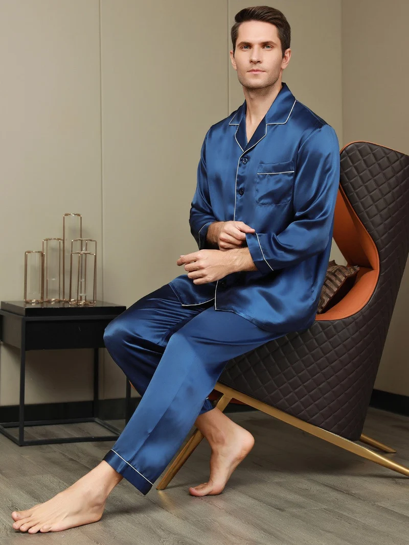 100% Maulbeerseide Herren-Pyjama-Set mit langen Ärmeln