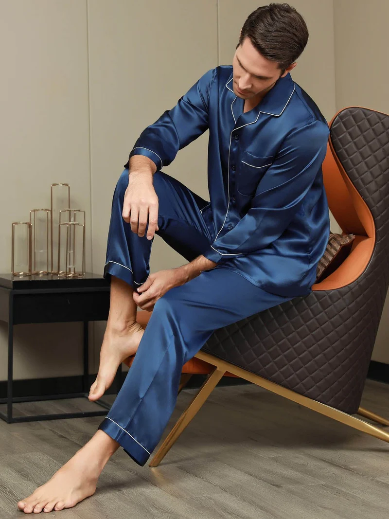 100% Maulbeerseide Herren-Pyjama-Set mit langen Ärmeln