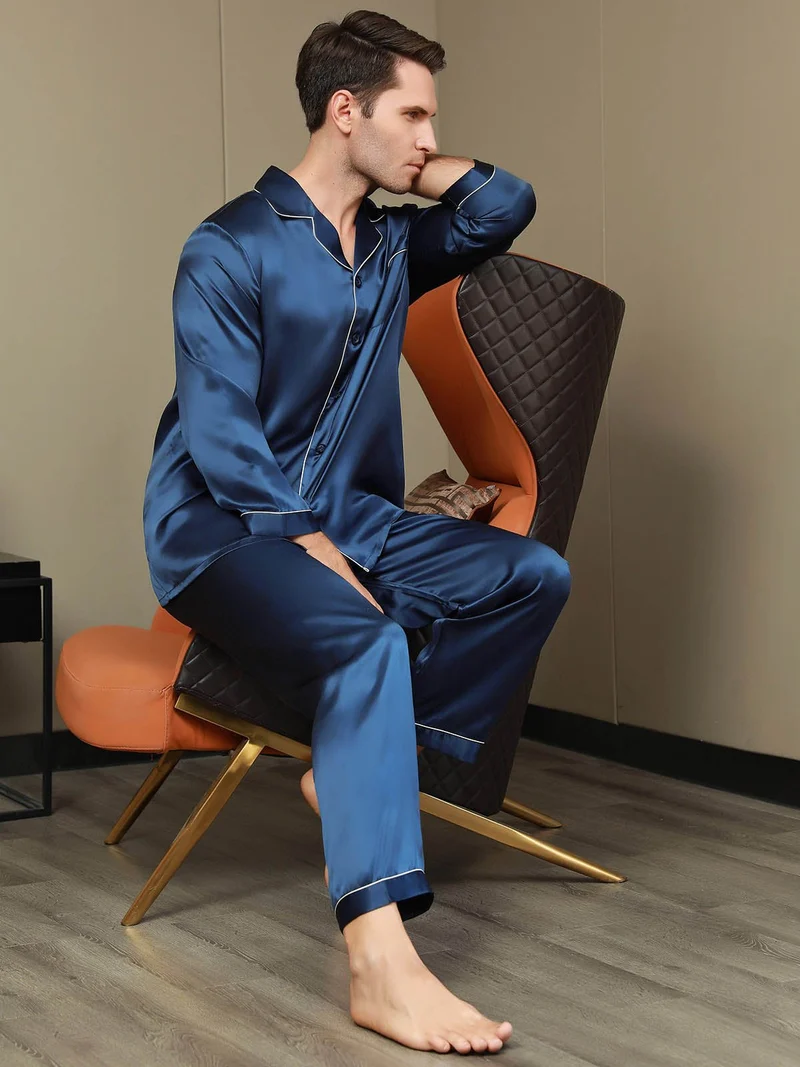 100% Maulbeerseide Herren-Pyjama-Set mit langen Ärmeln