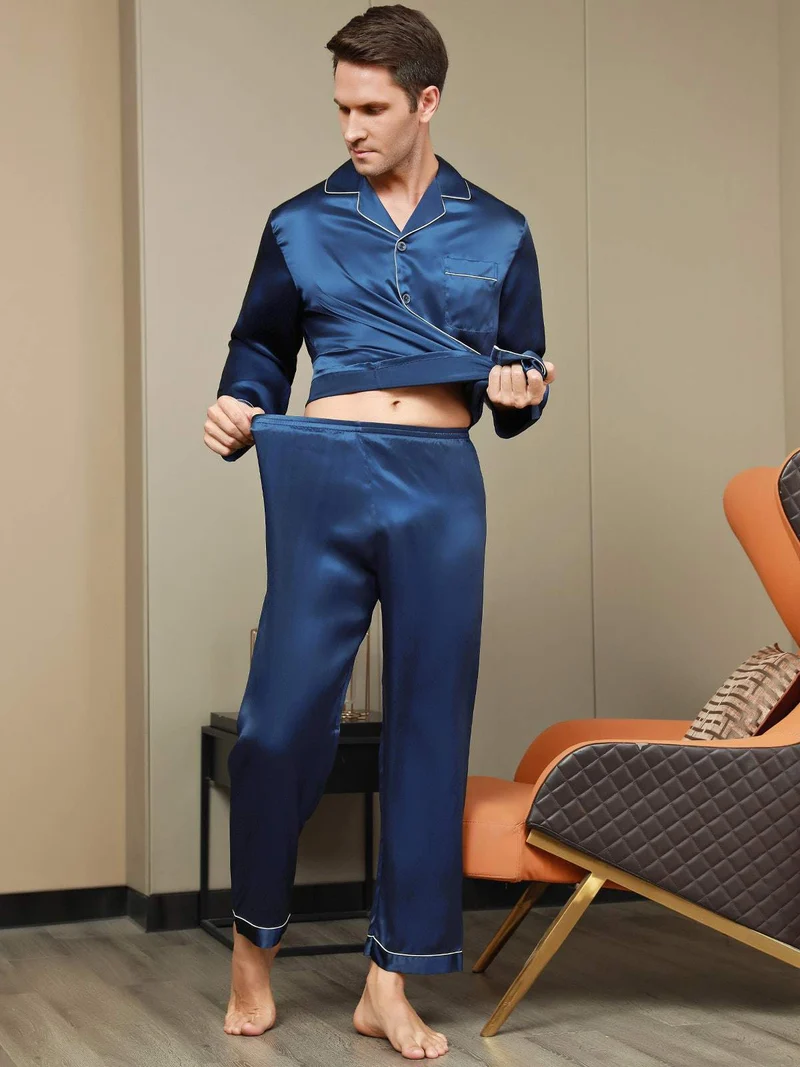 100% Maulbeerseide Herren-Pyjama-Set mit langen Ärmeln
