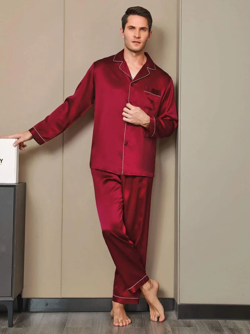 100% Maulbeerseide Herren-Pyjama-Set mit langen Ärmeln
