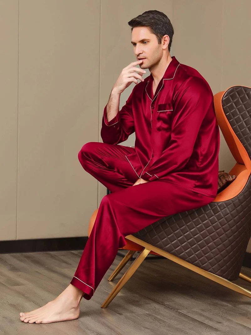 100% Maulbeerseide Herren-Pyjama-Set mit langen Ärmeln