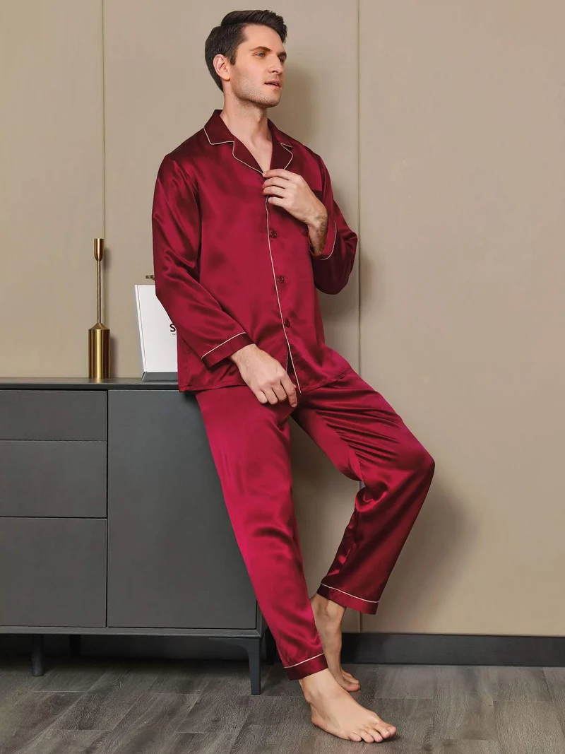 100% Maulbeerseide Herren-Pyjama-Set mit langen Ärmeln