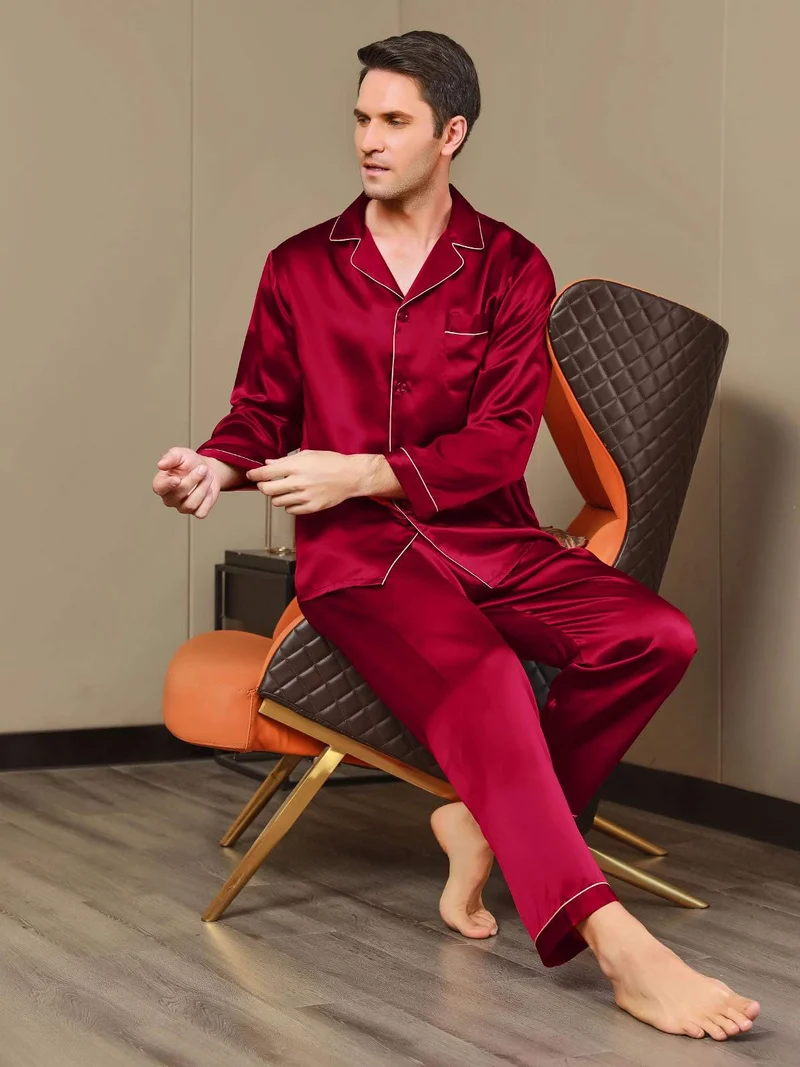 100% Maulbeerseide Herren-Pyjama-Set mit langen Ärmeln