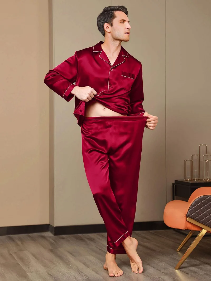 100% Maulbeerseide Herren-Pyjama-Set mit langen Ärmeln