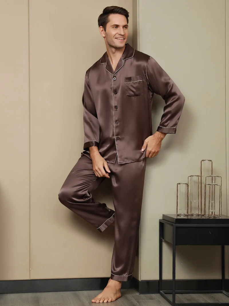100% Maulbeerseide Herren-Pyjama-Set mit langen Ärmeln