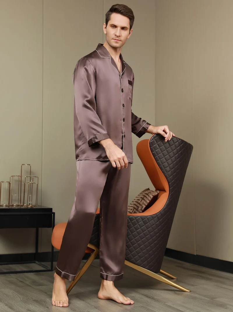 100% Maulbeerseide Herren-Pyjama-Set mit langen Ärmeln