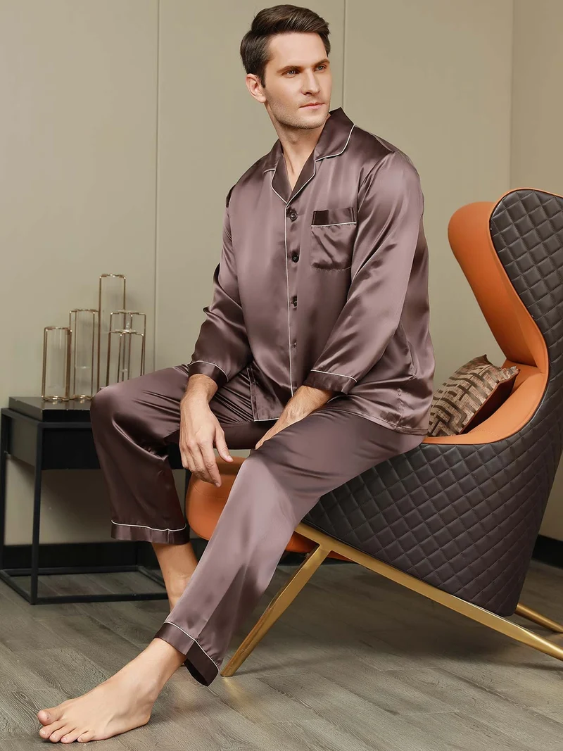 100% Maulbeerseide Herren-Pyjama-Set mit langen Ärmeln