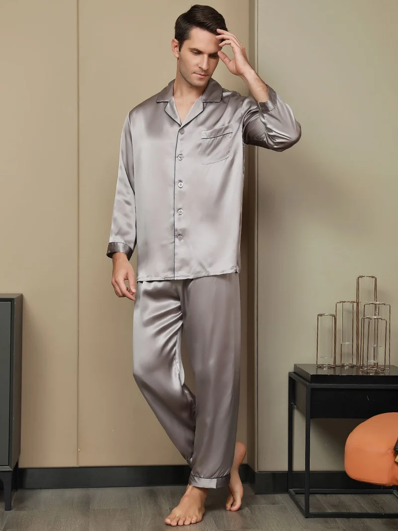 100% Maulbeerseide Herren-Pyjama-Set mit langen Ärmeln