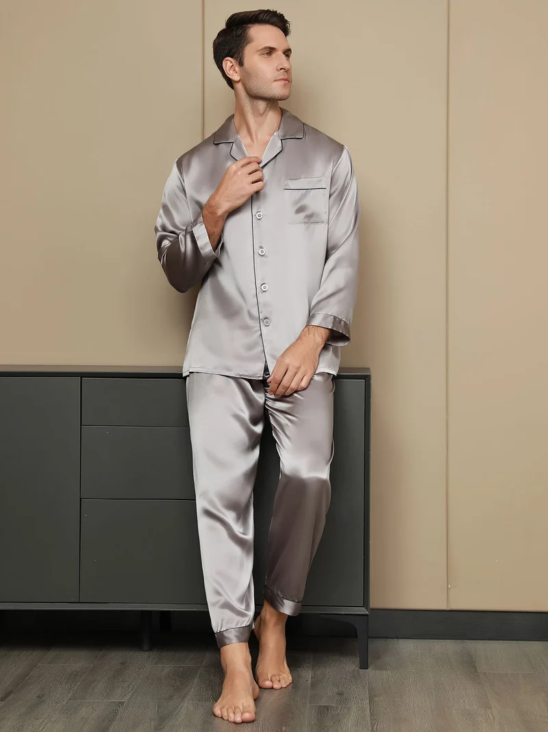 100% Maulbeerseide Herren-Pyjama-Set mit langen Ärmeln