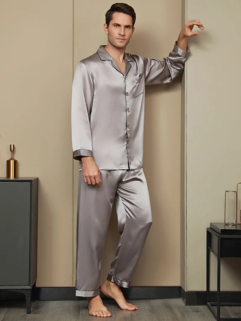 100% Maulbeerseide Herren-Pyjama-Set mit langen Ärmeln