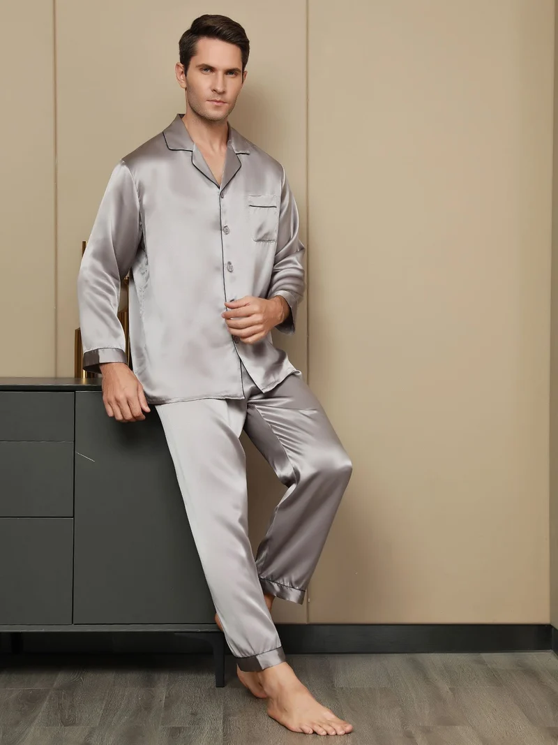 100% Maulbeerseide Herren-Pyjama-Set mit langen Ärmeln