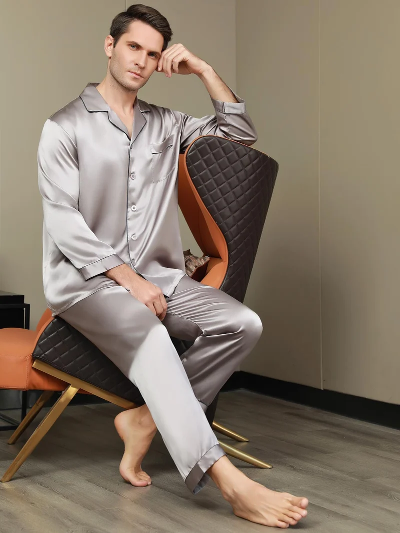 100% Maulbeerseide Herren-Pyjama-Set mit langen Ärmeln