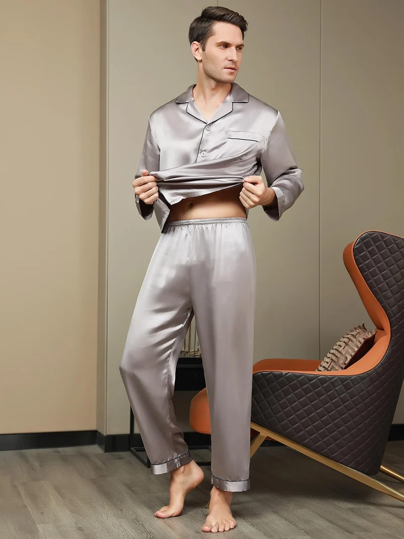 100% Maulbeerseide Herren-Pyjama-Set mit langen Ärmeln