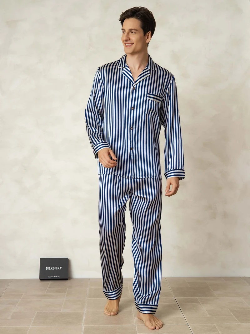 Reine Seide Herren-Langarm-Pyjama-Set mit Streifenmuster und Reverskragen