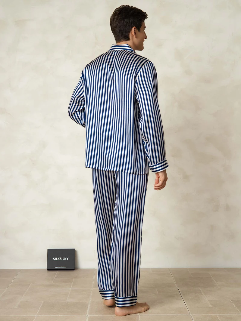 Reine Seide Herren-Langarm-Pyjama-Set mit Streifenmuster und Reverskragen