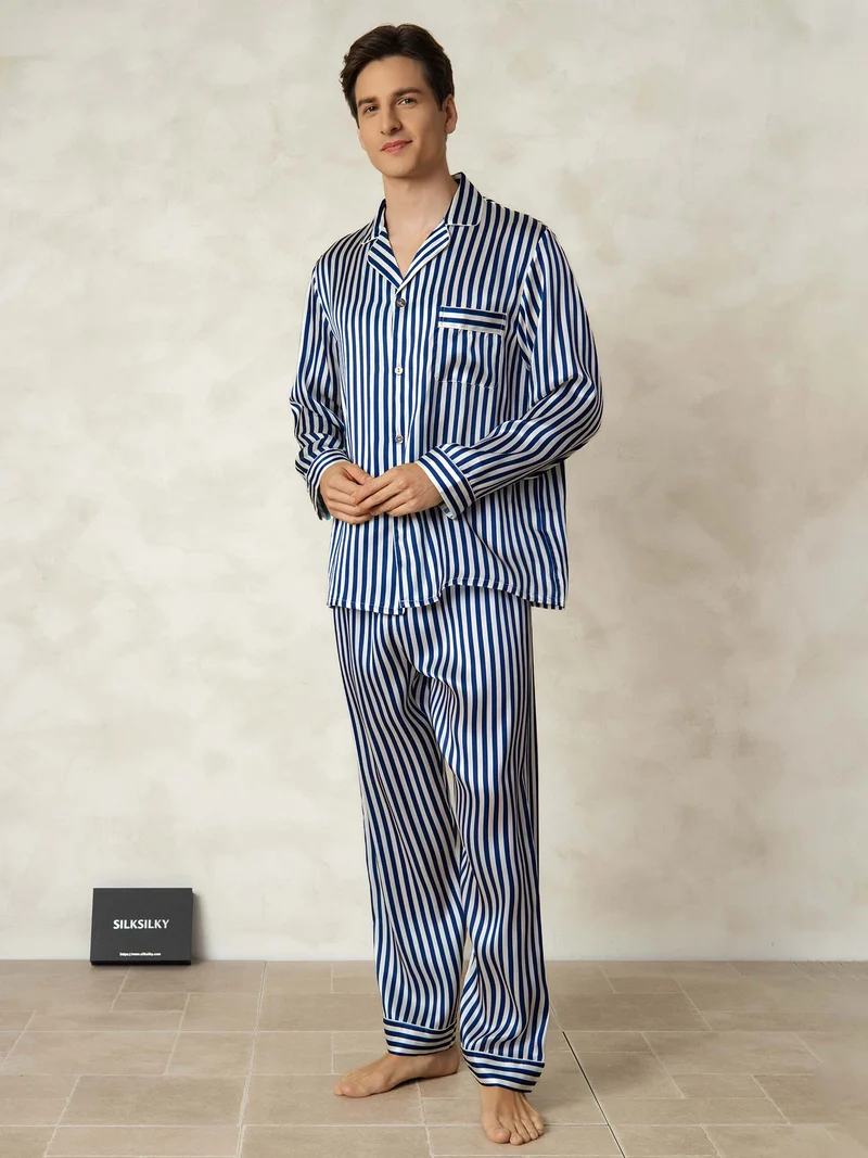 Reine Seide Herren-Langarm-Pyjama-Set mit Streifenmuster und Reverskragen