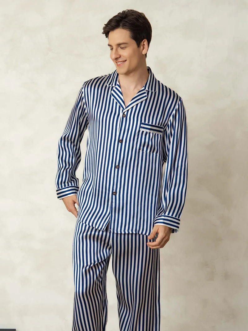 Reine Seide Herren-Langarm-Pyjama-Set mit Streifenmuster und Reverskragen