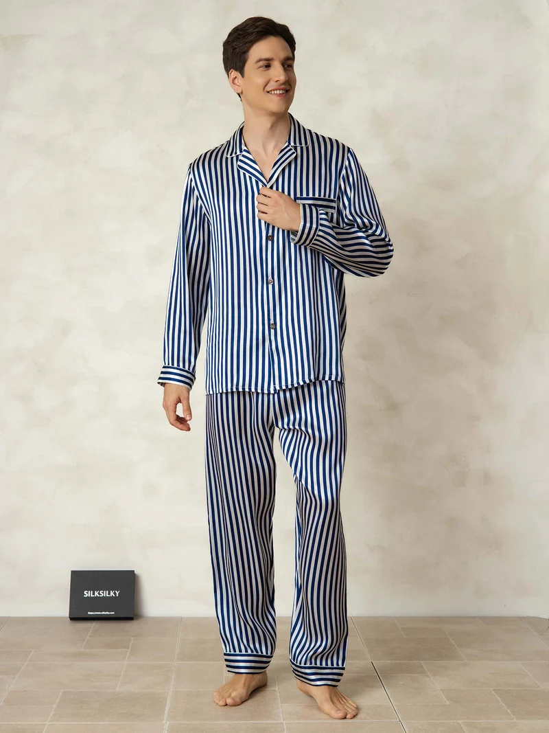 Reine Seide Herren-Langarm-Pyjama-Set mit Streifenmuster und Reverskragen
