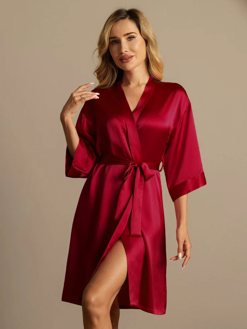 100% Maulbeerseide Damen-Wickelkimono mit 3/4-Ärmeln