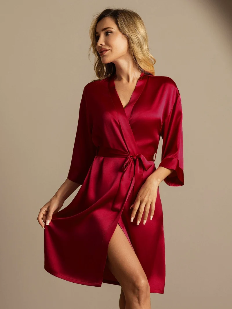 100% Maulbeerseide Damen-Wickelkimono mit 3/4-Ärmeln
