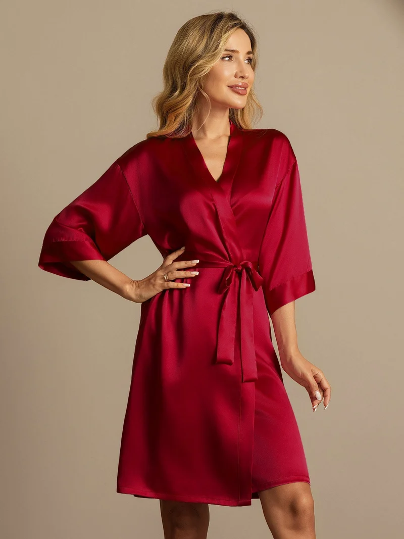 100% Maulbeerseide Damen-Wickelkimono mit 3/4-Ärmeln