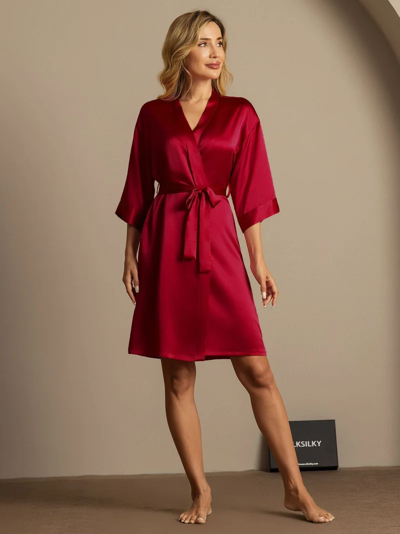 100% Maulbeerseide Damen-Wickelkimono mit 3/4-Ärmeln