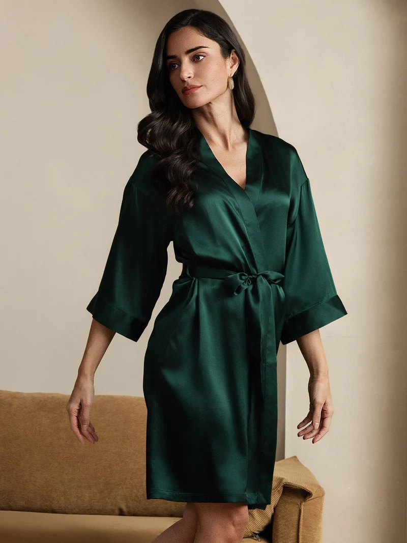 100% Maulbeerseide Damen-Wickelkimono mit 3/4-Ärmeln