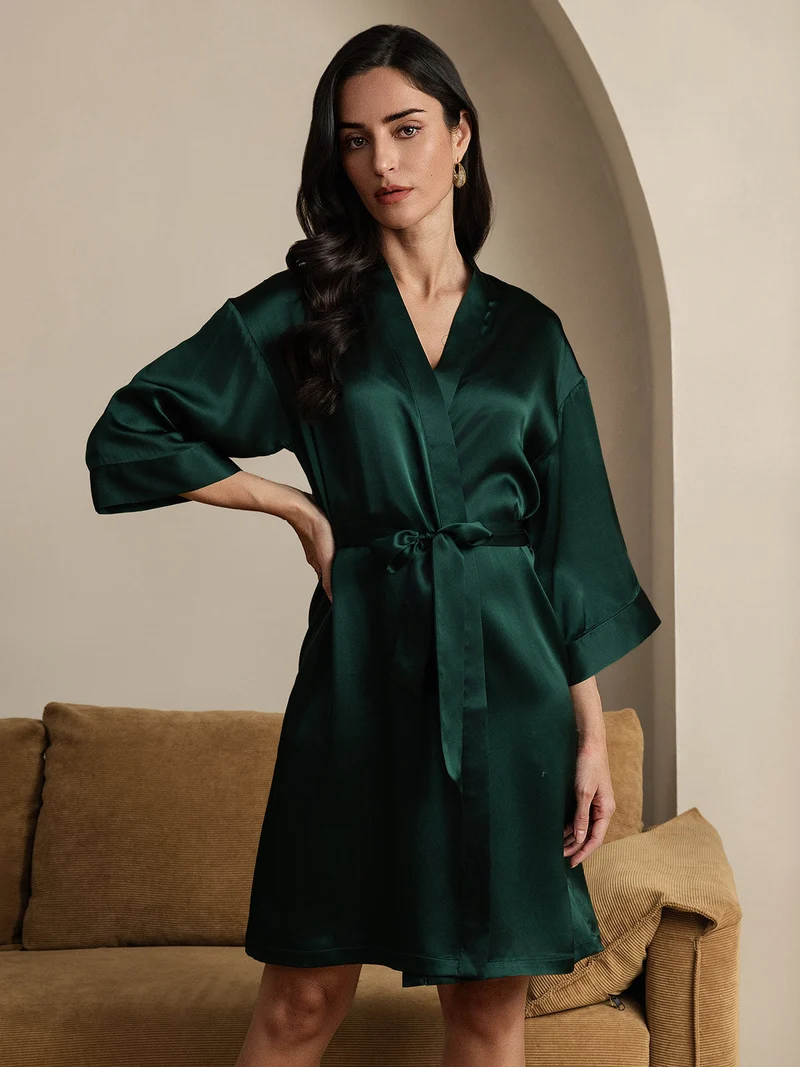 100% Maulbeerseide Damen-Wickelkimono mit 3/4-Ärmeln