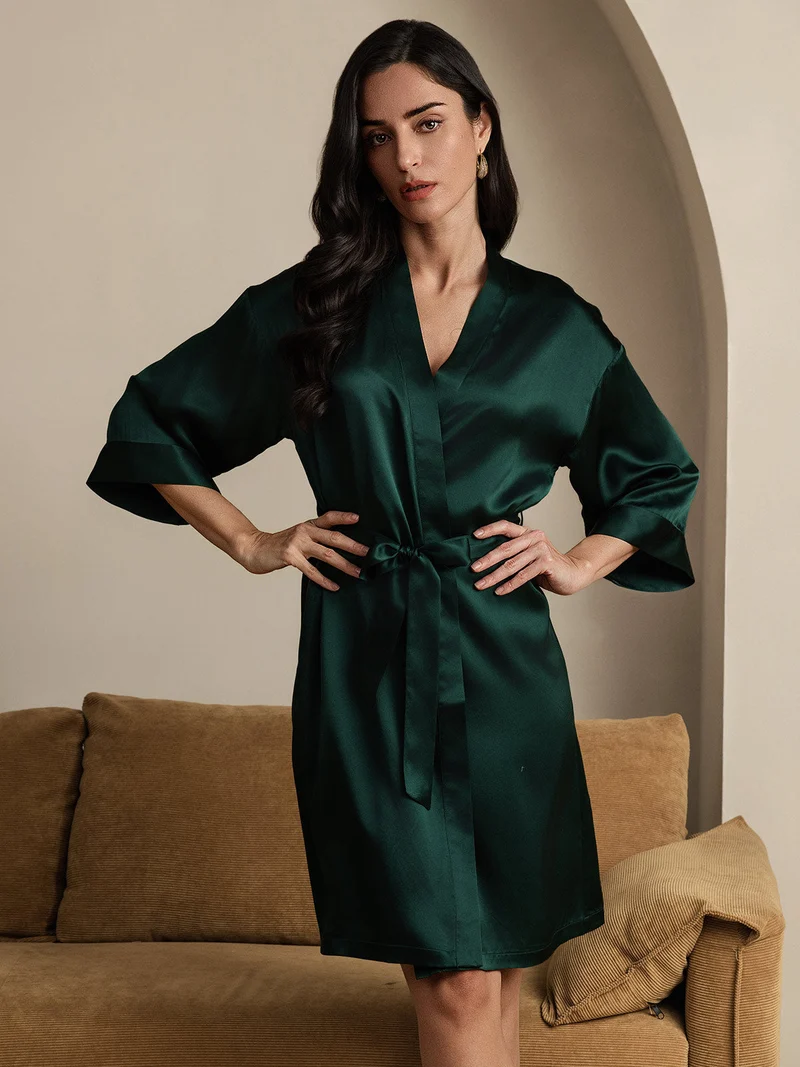 100% Maulbeerseide Damen-Wickelkimono mit 3/4-Ärmeln