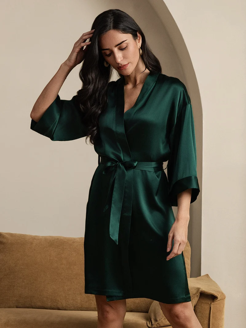 100% Maulbeerseide Damen-Wickelkimono mit 3/4-Ärmeln