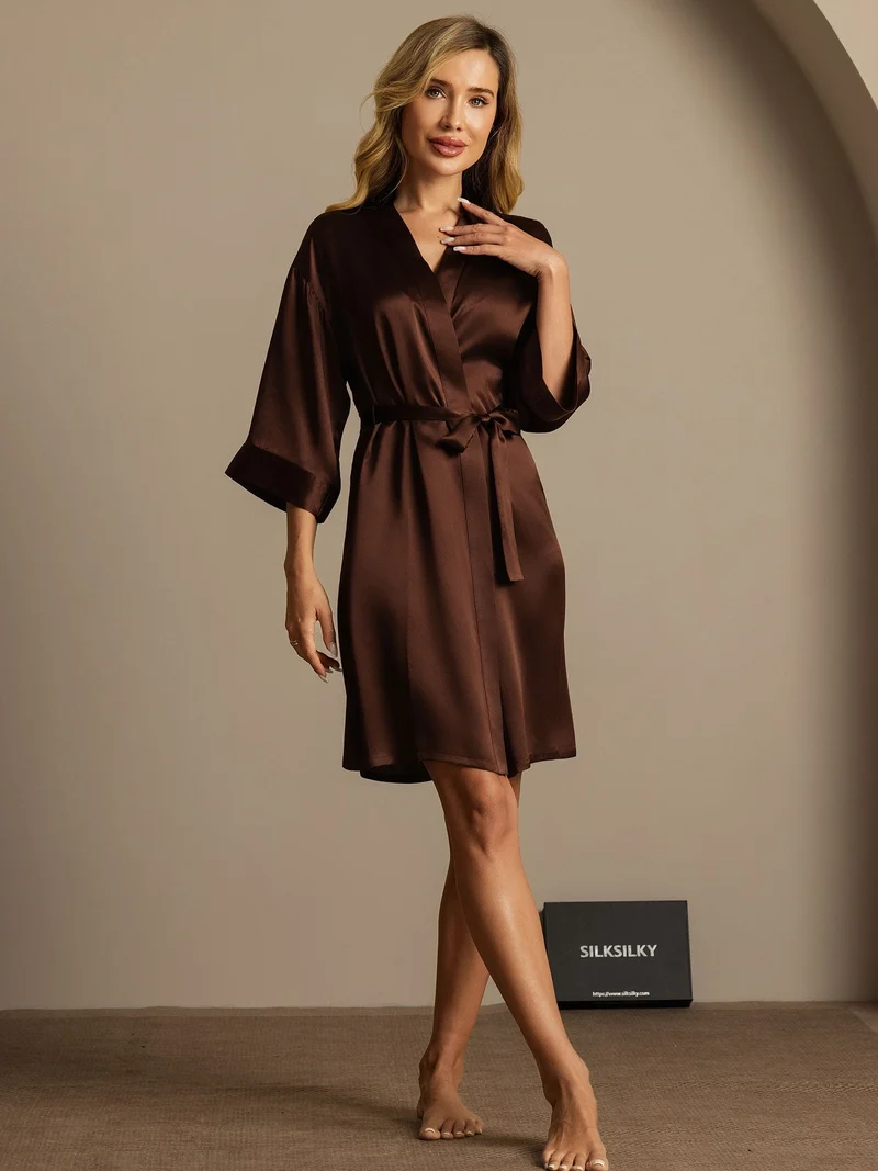 100% Maulbeerseide Damen-Wickelkimono mit 3/4-Ärmeln