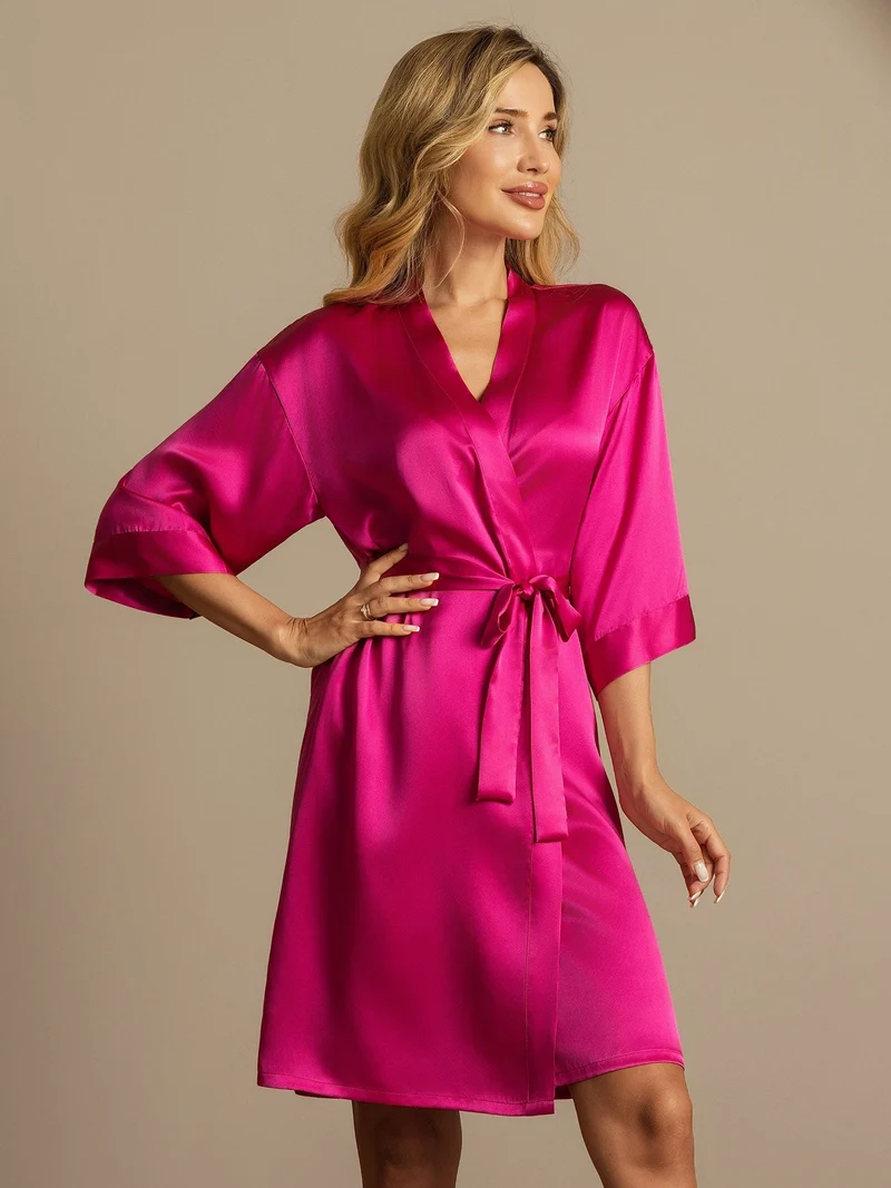 100% Maulbeerseide Damen-Wickelkimono mit 3/4-Ärmeln