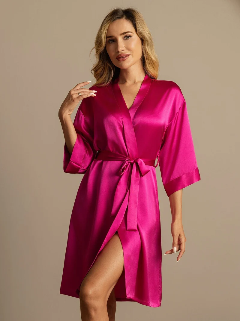 100% Maulbeerseide Damen-Wickelkimono mit 3/4-Ärmeln