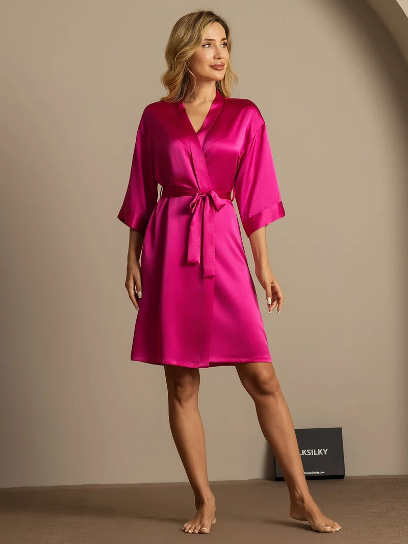 100% Maulbeerseide Damen-Wickelkimono mit 3/4-Ärmeln